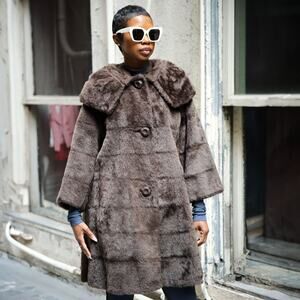 1960s Brown Faux Fur Swing Coat w/ Satin Red Lining Size M/L